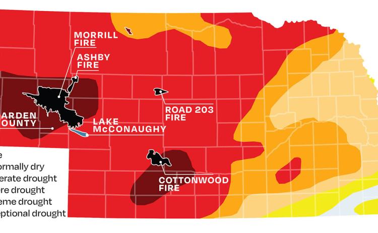 Nebraska’s mild and dry winter set up the state for major wildfires early this spring. Graphic by Quentin Lueninghoener of Hanscom Park Studios for the Flatwater Free Press. Source: U.S. Drought Monitor and wildfire.gov.