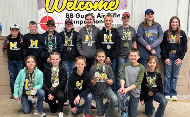 Mullen Marksmen competing at State BB Gun &amp; Air Rifle, back l-r: Zach Hicks, Duke Miller, Colin Connealy, Oakes Miller, Jessa O’Brien, Teal Peterson, Adelyn O’Brien, Hannah O’Brien, Hope Miller. Front: Lillian Ericksen, Sadie Hoyt, Eli Barnes, Rainne O’Brien, Ransom O’Brien, Aleah O’Brien. Not pictured: Marcus Lattin. Gerri Peterson